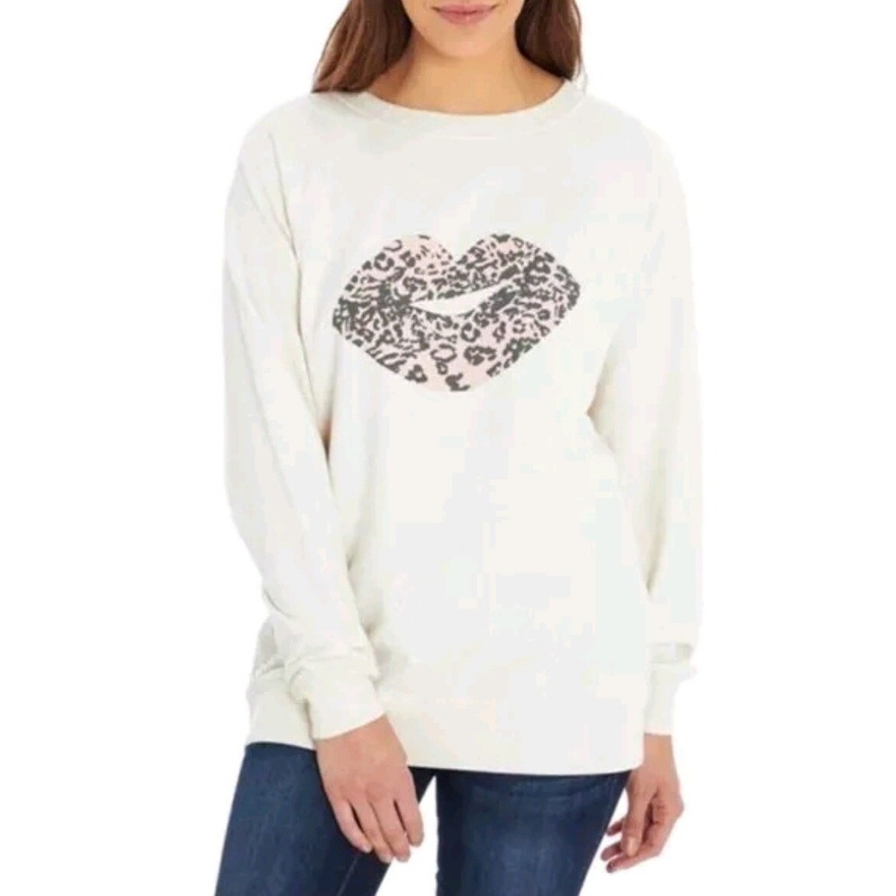 Wildfox Women's Oversized Ivory Pink Cheetah Print Lips Casual Sweatshirt‎ Large